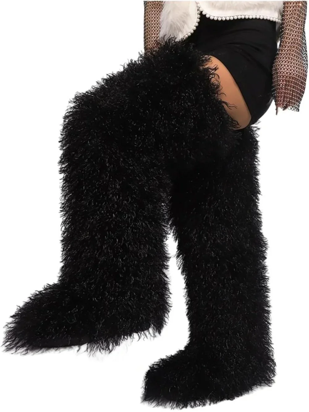 Women's Black Round Toe Comfort Over The Knee Fluffy Fur Thigh High Boots